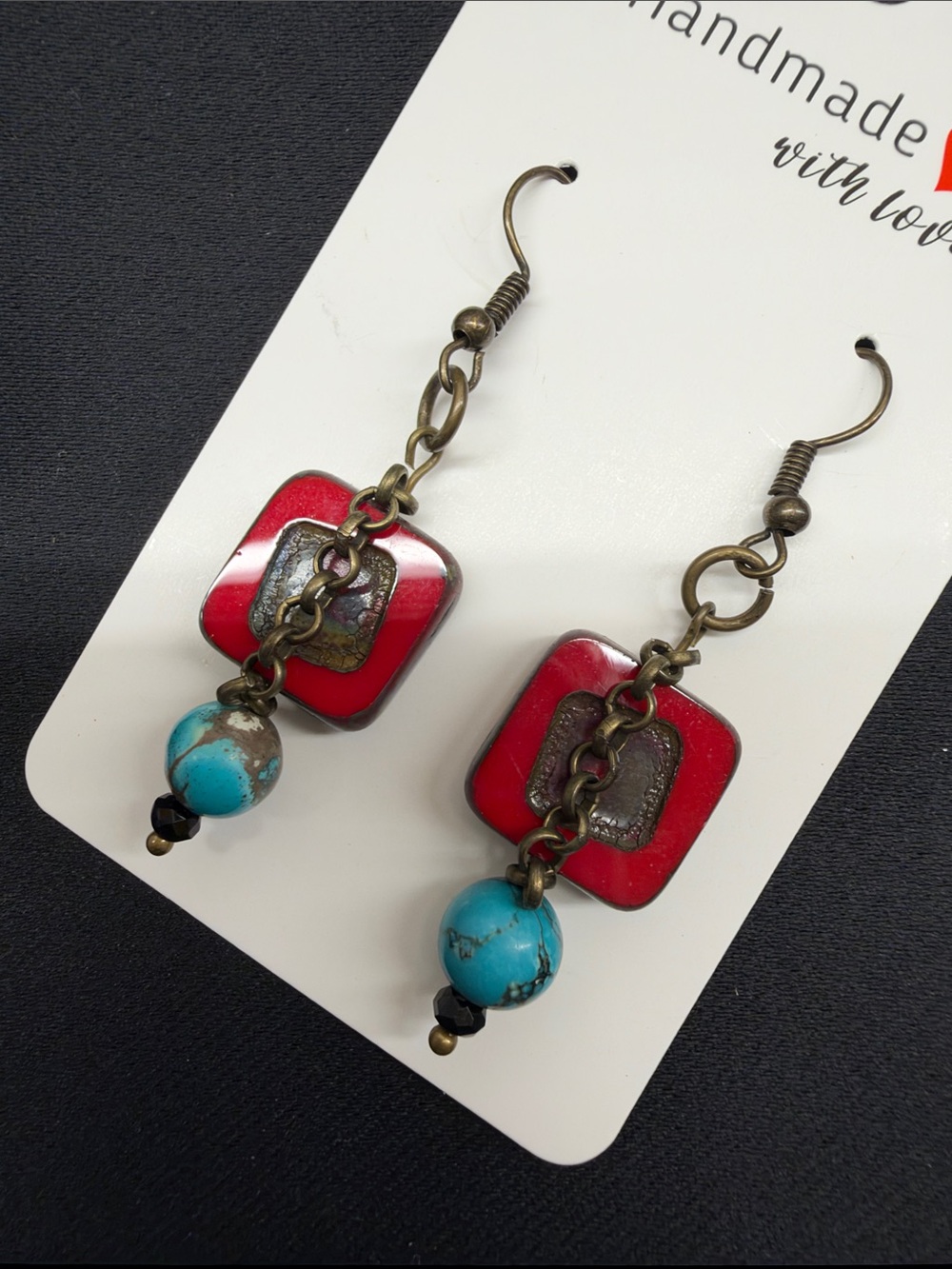 Handmade- Red and Turquoise Chain Earrings